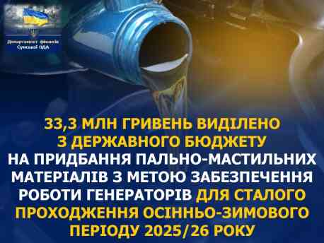 Сумщина отримала понад 33 млн грн з держбюджету на пальне для генераторів